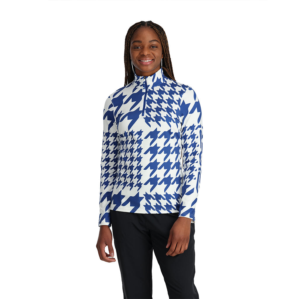 Damen-Pullover mit Hahnentrittmuster und halbem Reißverschluss – Elektrisches Blau